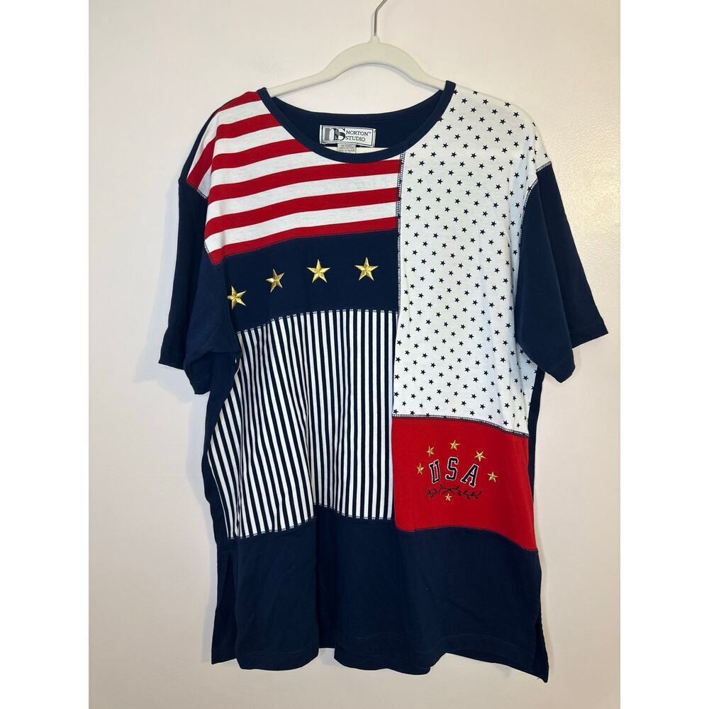 VTG 90s Womens 4th of July USA Flag Oversized Tunic Dress Cotton Size Large